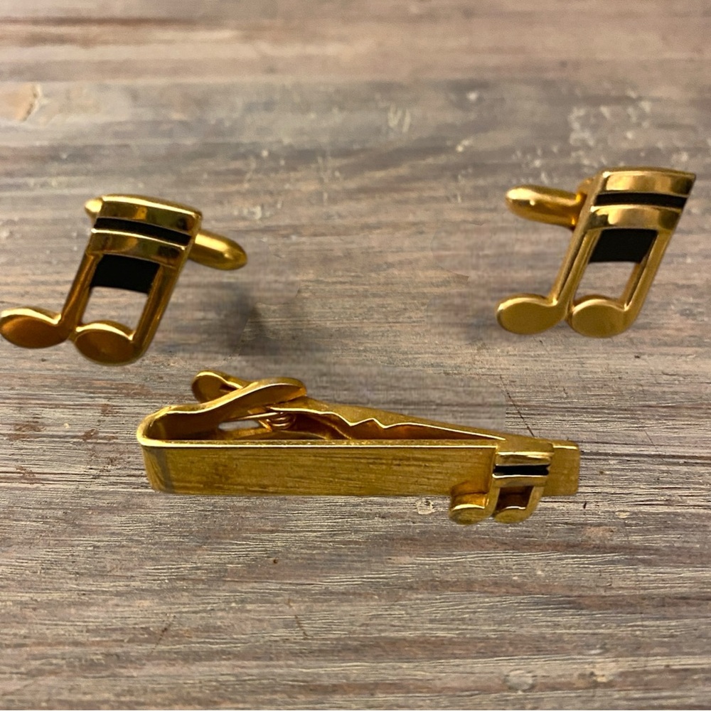 Vintage Golden Music Note Cufflinks and Tie Clip Set